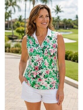 Tommy Bahama Tropical Floral Tank Golf Top Sz Large UPF 50 Quick Dry Active Wear